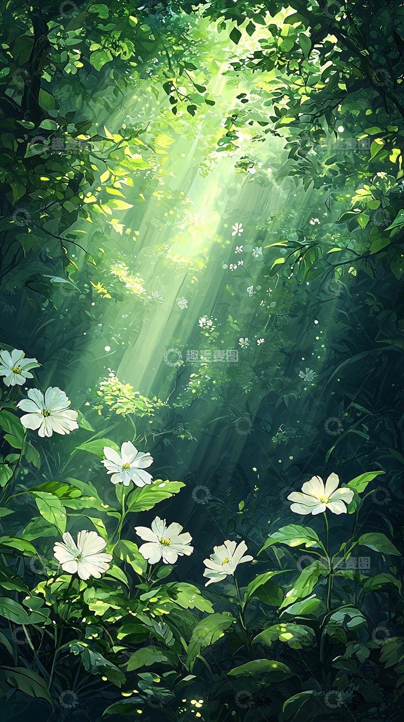 高清大图下载【趣麦麦图】森林中的阳光与花朵