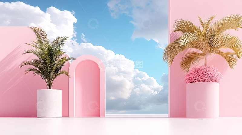 高清大图下载【趣麦麦图】粉色墙壁与植物的梦幻场景