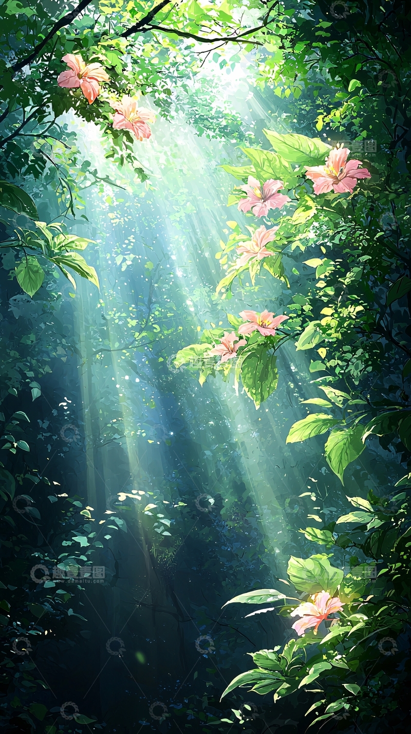 高清大图下载【趣麦麦图】森林中的阳光与花朵