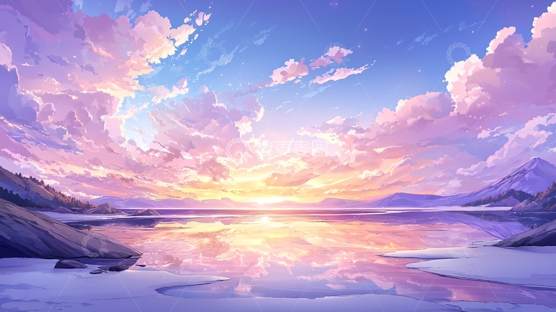 高清大图下载【趣麦麦图】梦幻湖畔日落风景