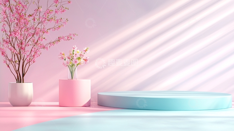 高清大图下载【趣麦麦图】粉色背景下的圆形展示台与花卉装饰