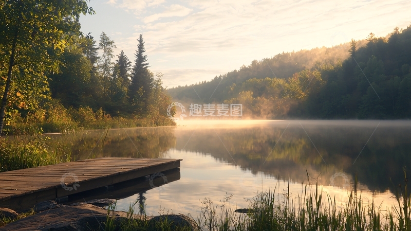 高清大图下载【趣麦麦图】晨雾中的宁静湖景