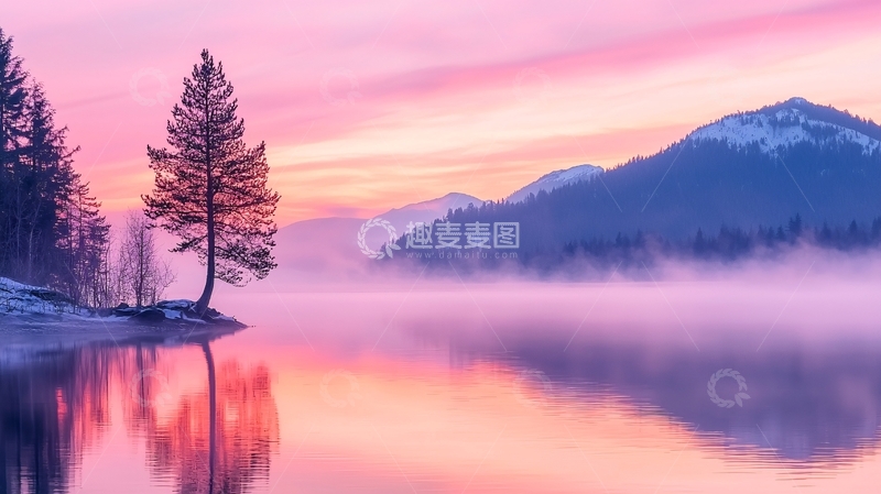 高清大图下载【趣麦麦图】晨雾中的湖畔静谧风景