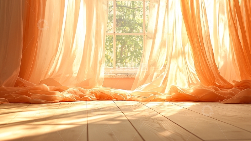 高清大图下载【趣麦麦图】阳光透过窗帘洒在木地板上