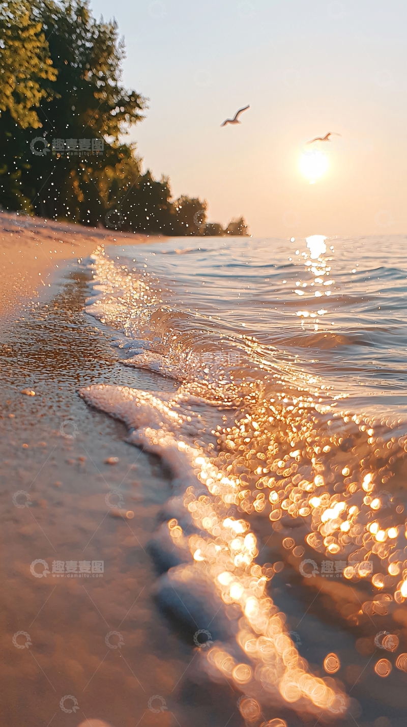 高清大图下载【趣麦麦图】夕阳海滩海浪沙滩风景