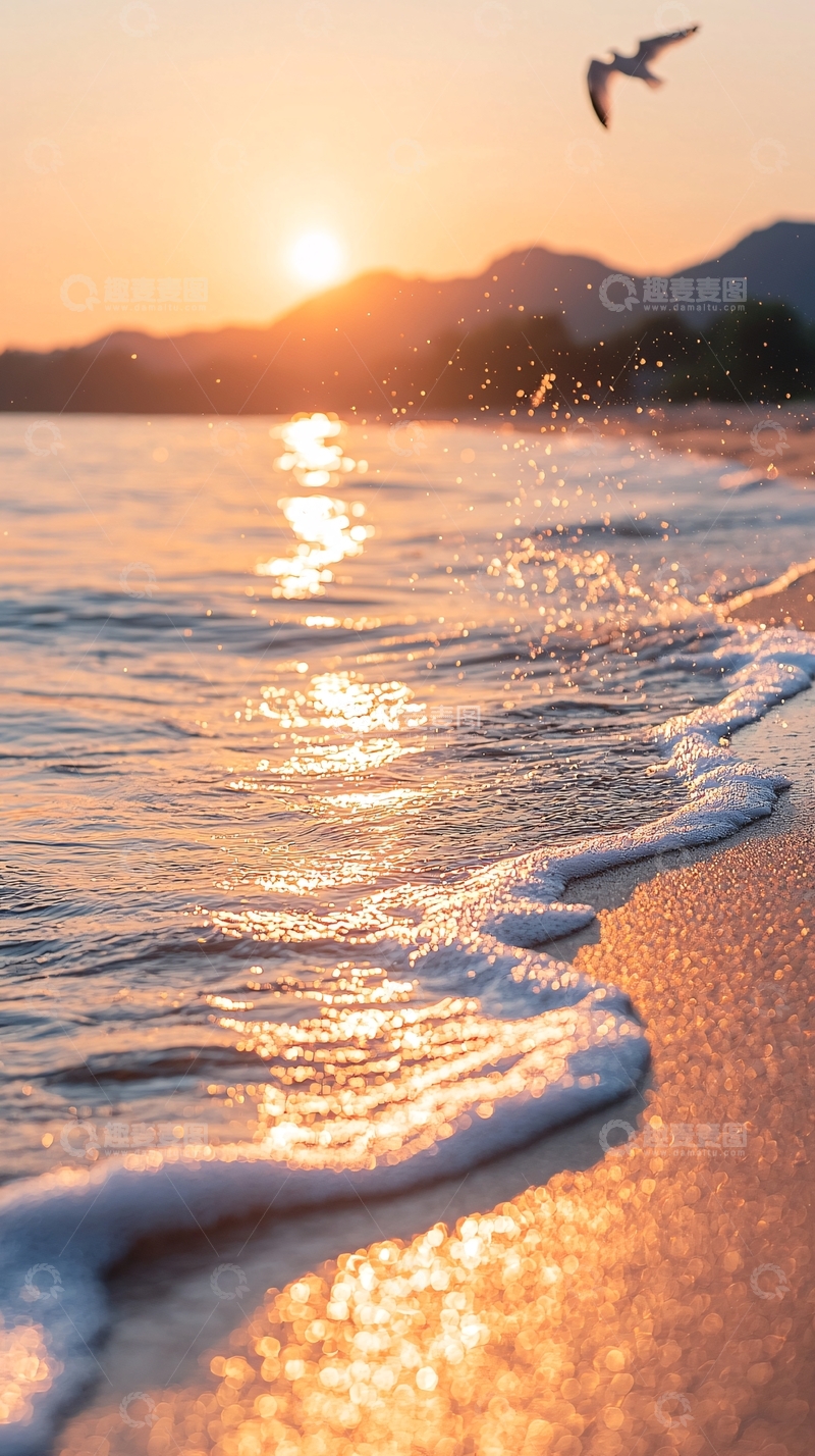 高清大图下载【趣麦麦图】日落海滩海浪沙滩