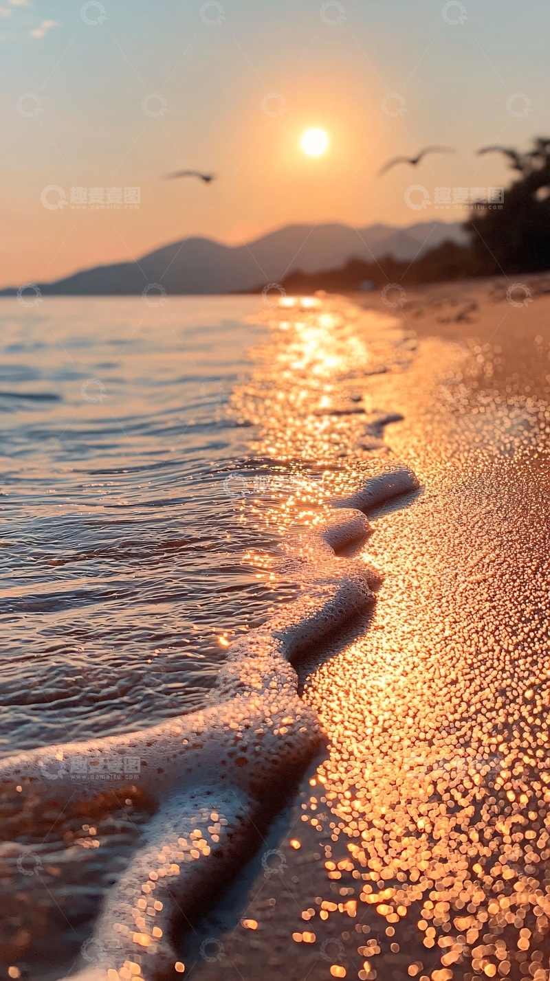 高清大图下载【趣麦麦图】夕阳海滩海浪沙滩