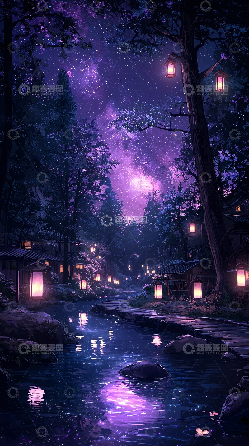 高清大图下载【趣麦麦图】梦幻夜景下的小溪与灯笼