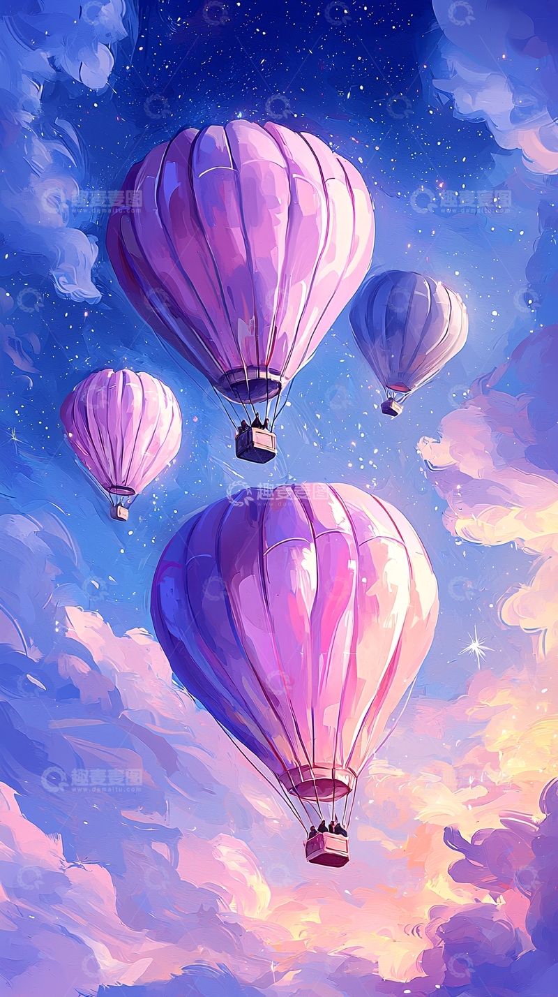 高清大图下载【趣麦麦图】梦幻热气球夜空飞行