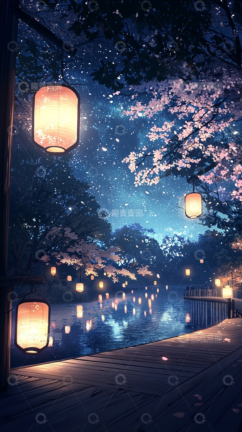 高清大图下载【趣麦麦图】夜景樱花灯笼码头