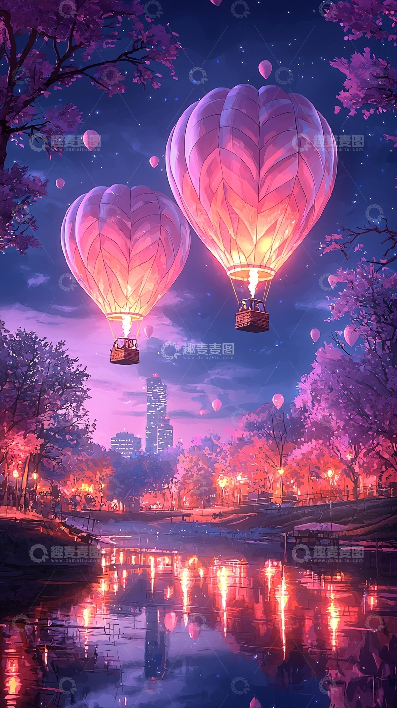高清大图下载【趣麦麦图】梦幻热气球夜景
