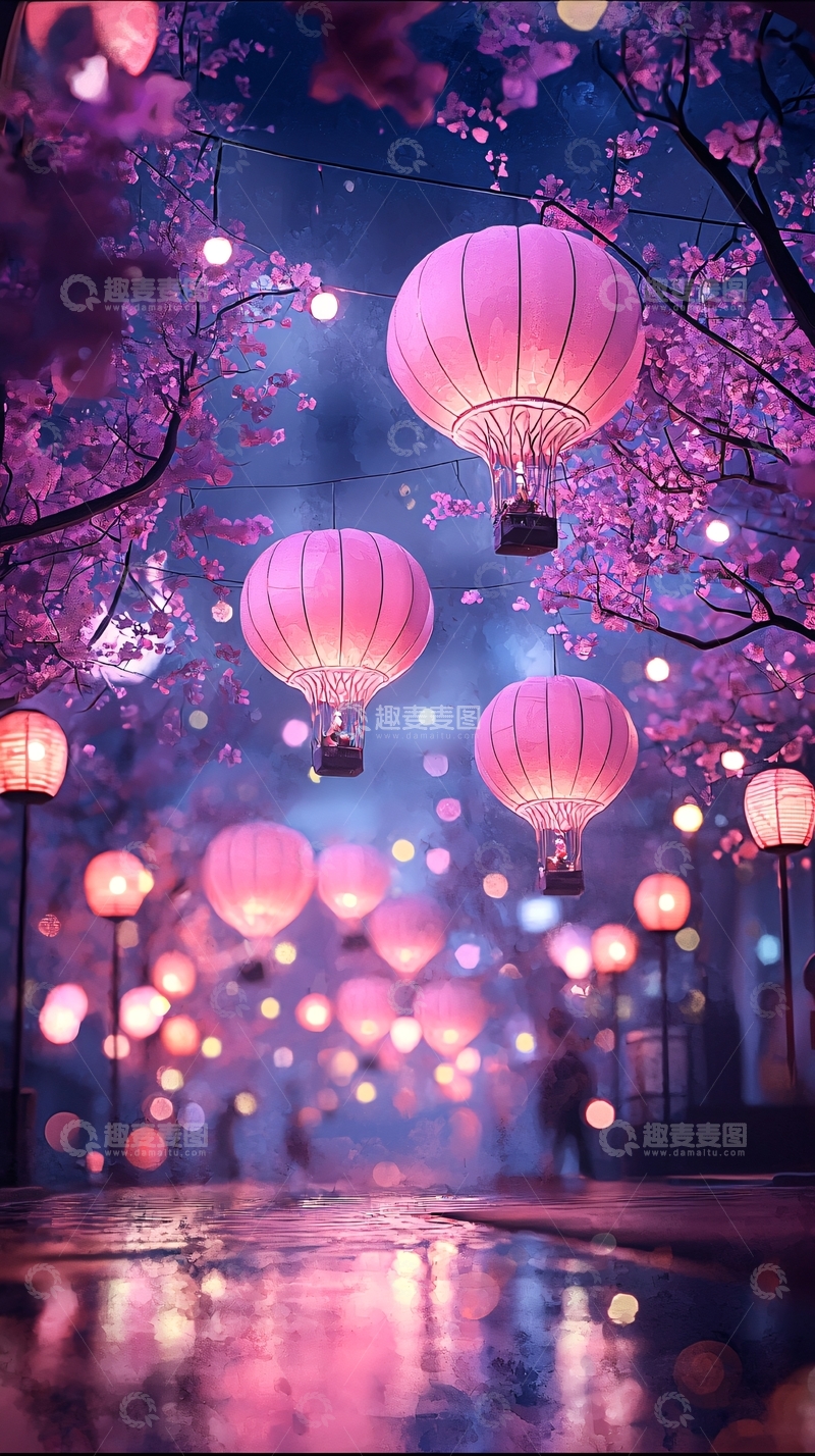 高清大图下载【趣麦麦图】樱花树下的灯笼夜景
