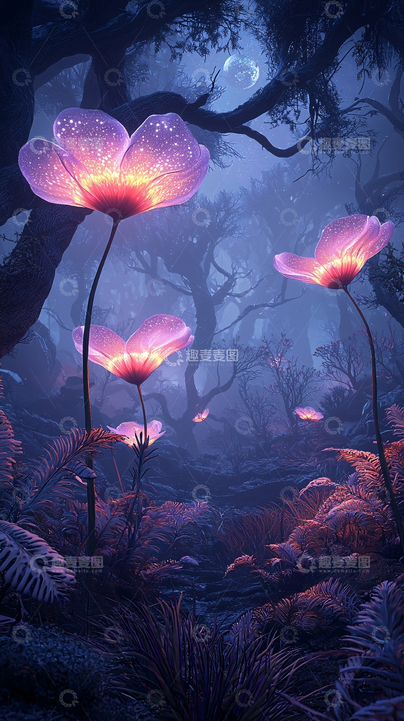 高清大图下载【趣麦麦图】梦幻森林中的发光花朵