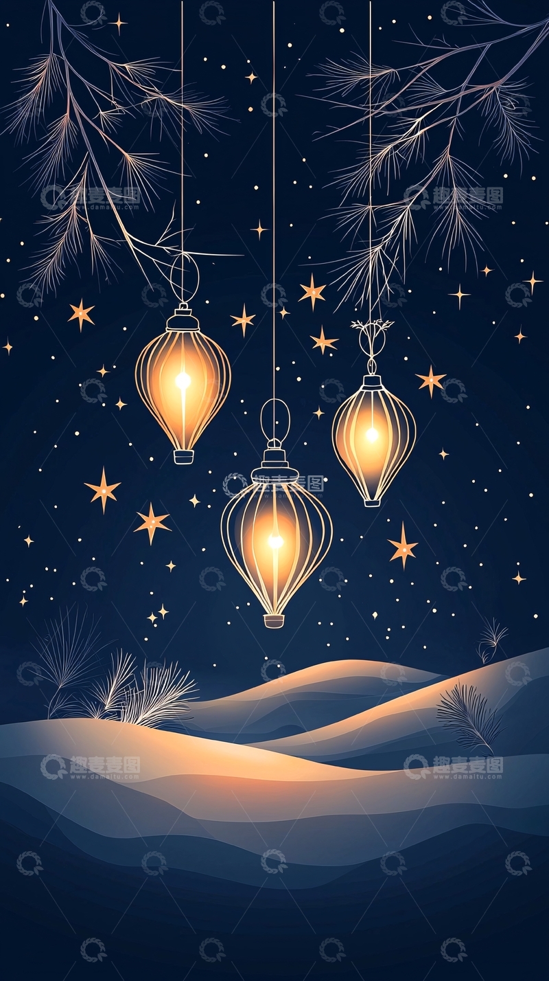 高清大图下载【趣麦麦图】冬夜星空下的灯笼挂饰