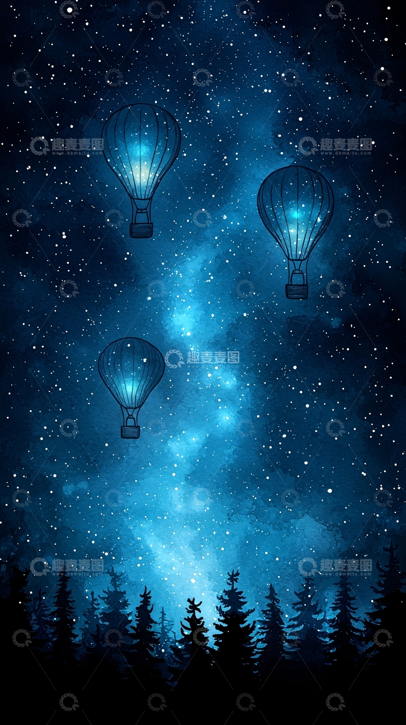 高清大图下载【趣麦麦图】夜空中的热气球与星河