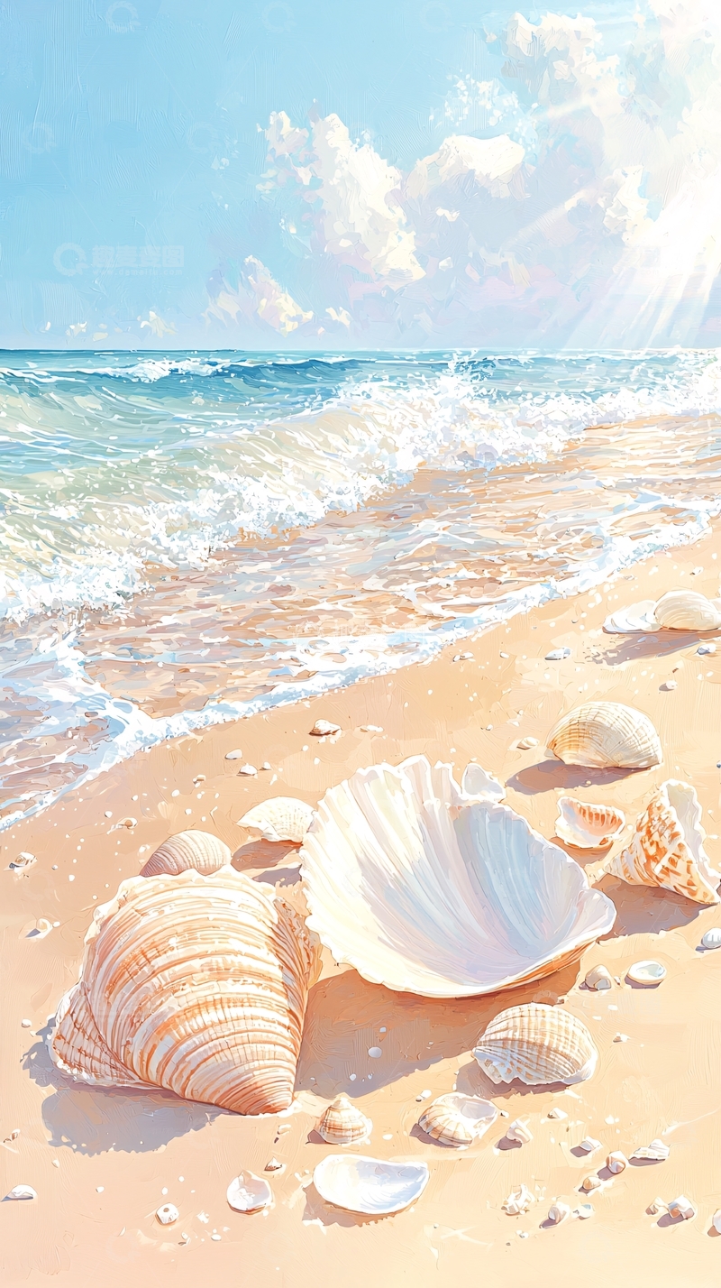高清大图下载【趣麦麦图】海滩贝壳风景画