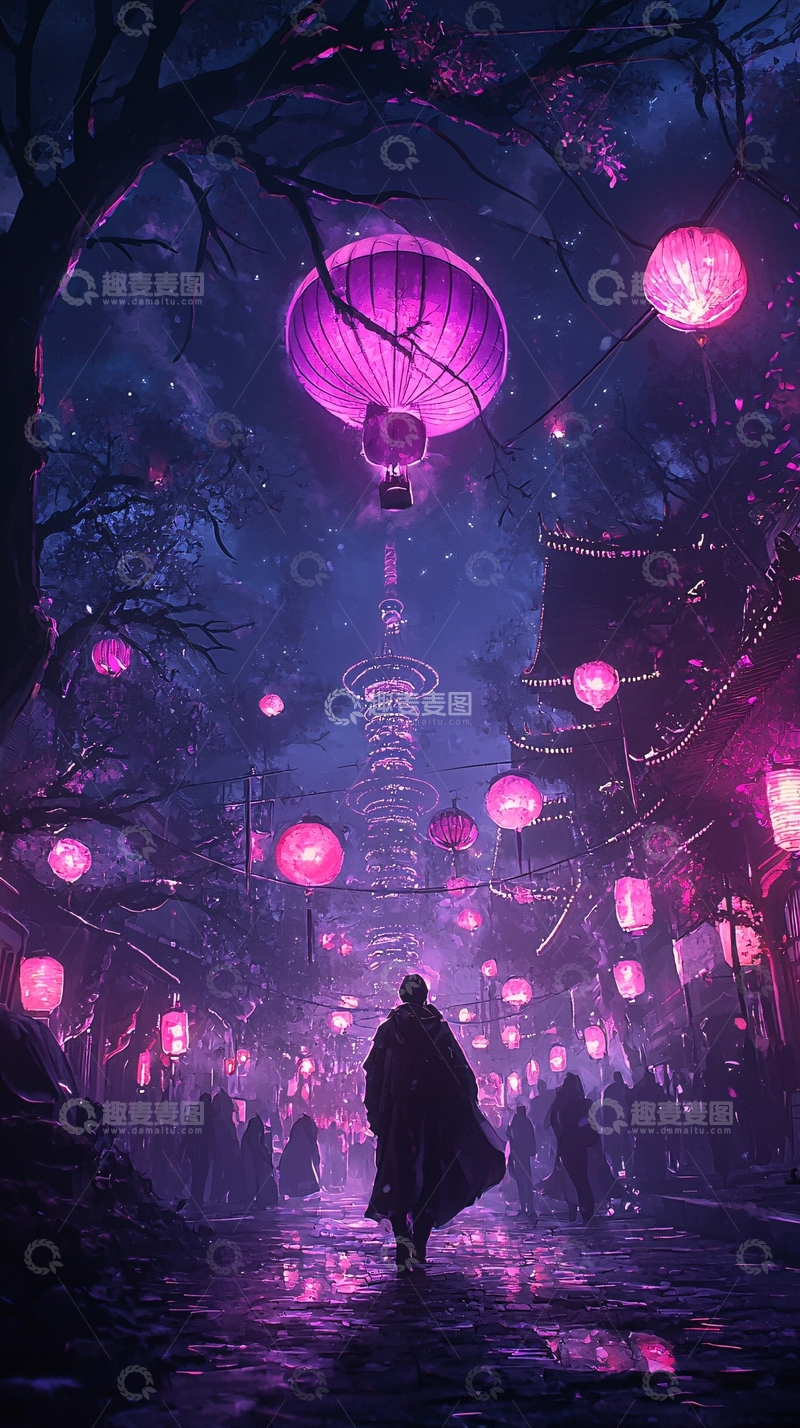 高清大图下载【趣麦麦图】紫光下的古街夜景