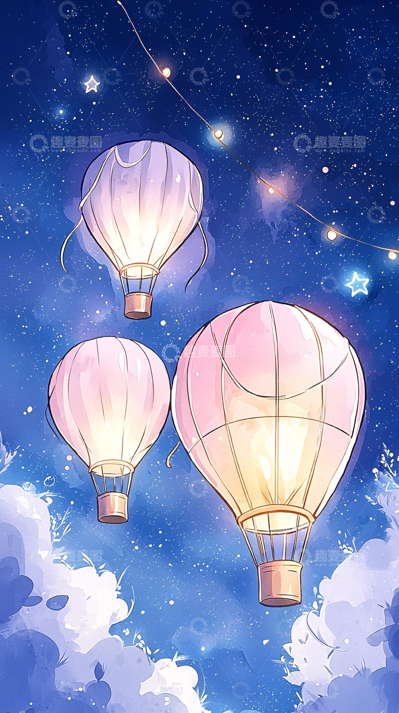 高清大图下载【趣麦麦图】夜空中的热气球