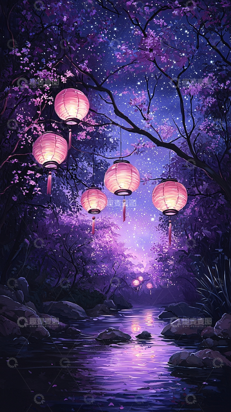 高清大图下载【趣麦麦图】夜色中的灯笼与溪流