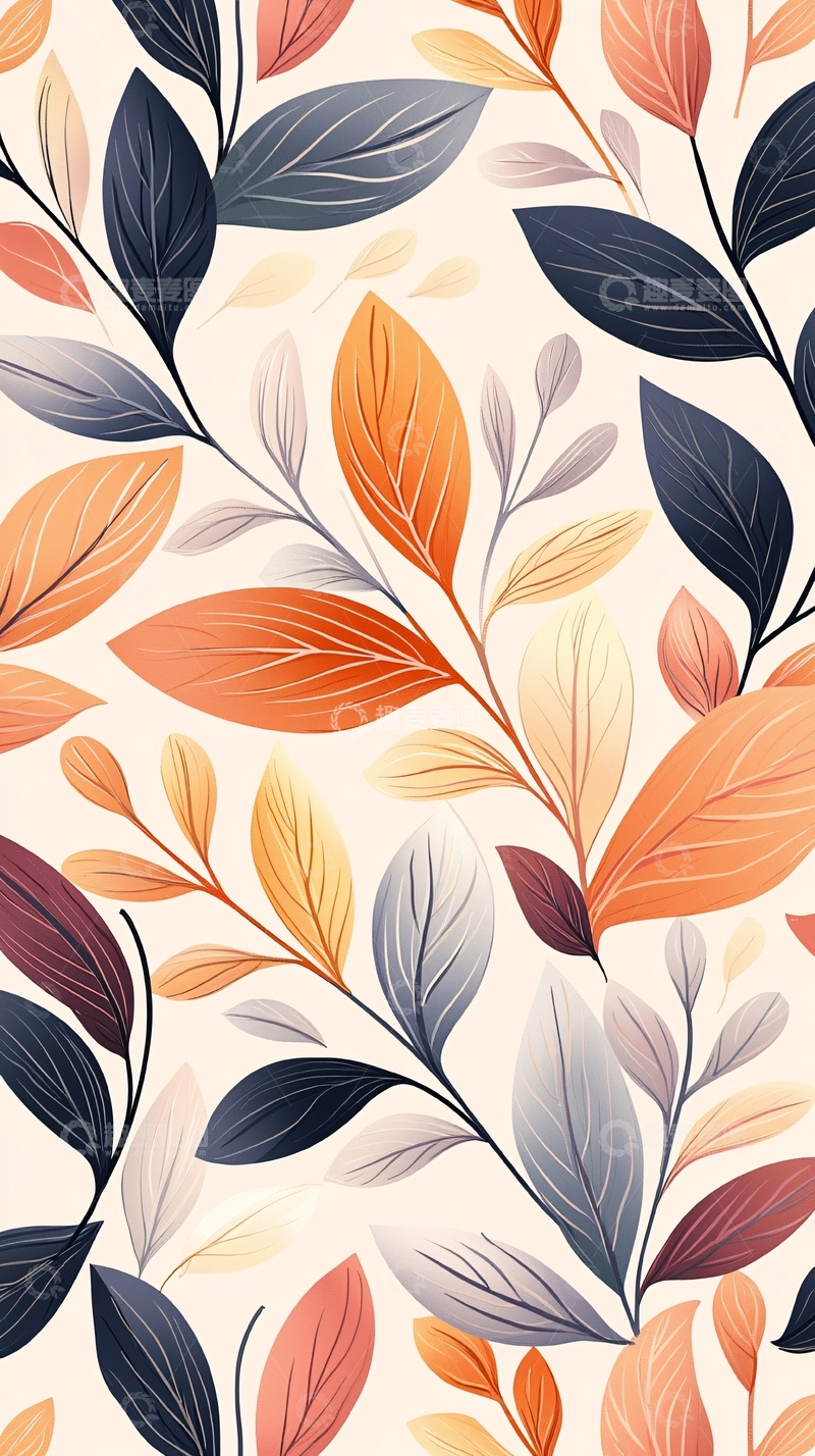 高清大图下载【趣麦麦图】秋叶渐变色插画背景图