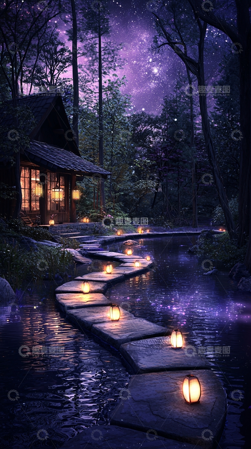 高清大图下载【趣麦麦图】夜色中的小屋与石桥