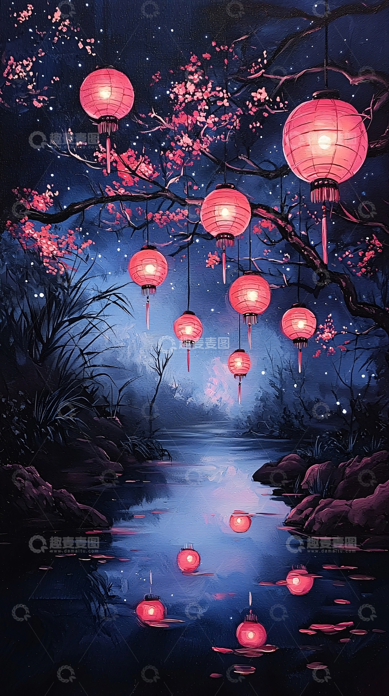 高清大图下载【趣麦麦图】夜色中悬挂灯笼的河流风景