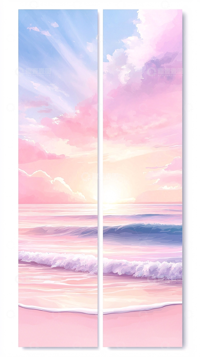高清大图下载【趣麦麦图】梦幻海滩日落风景插画