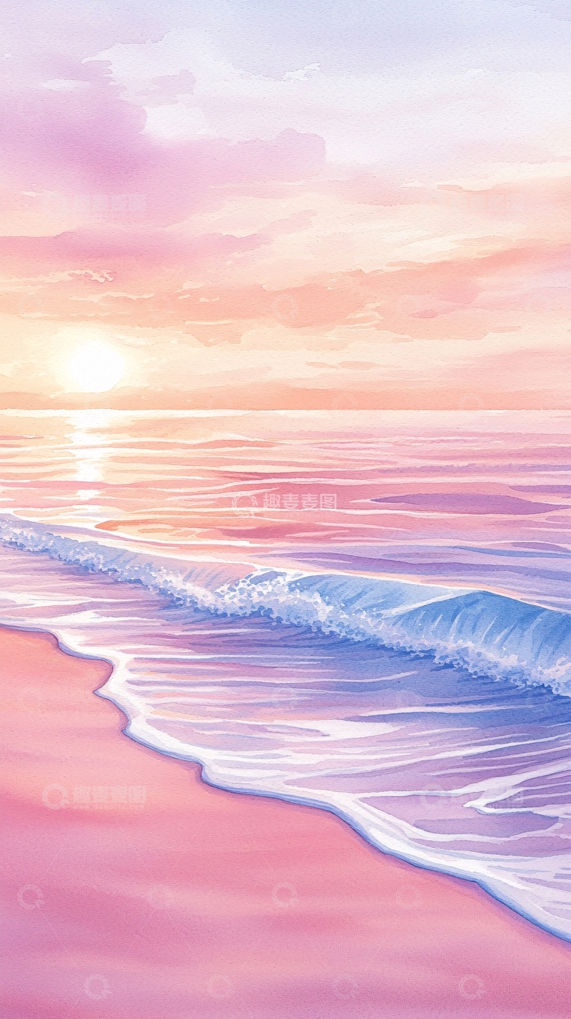 高清大图下载【趣麦麦图】日落海滩粉色梦幻风景