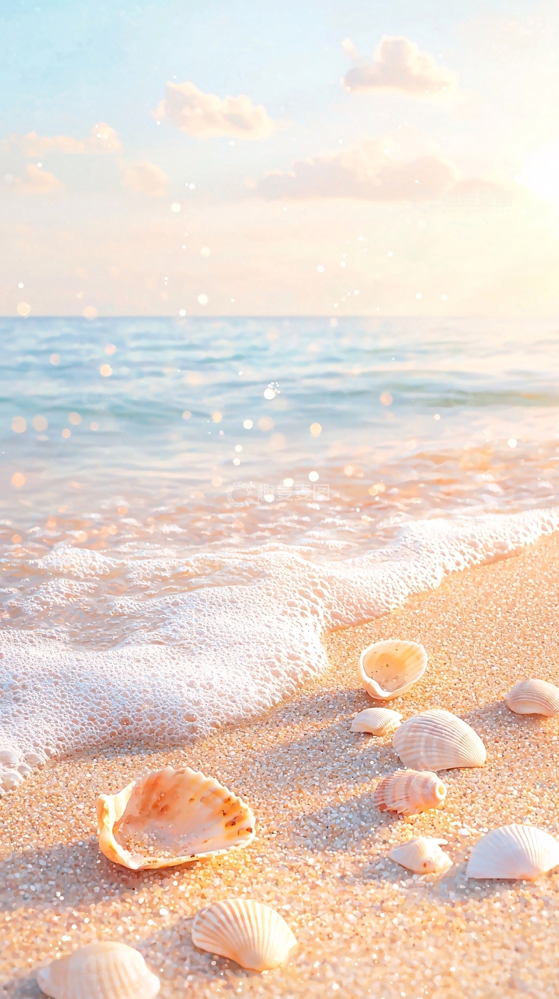 高清大图下载【趣麦麦图】海滩贝壳日落风景