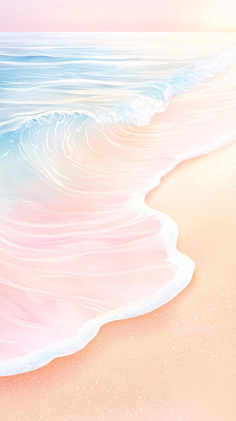 高清大图下载【趣麦麦图】粉色海滩海浪沙滩背景图