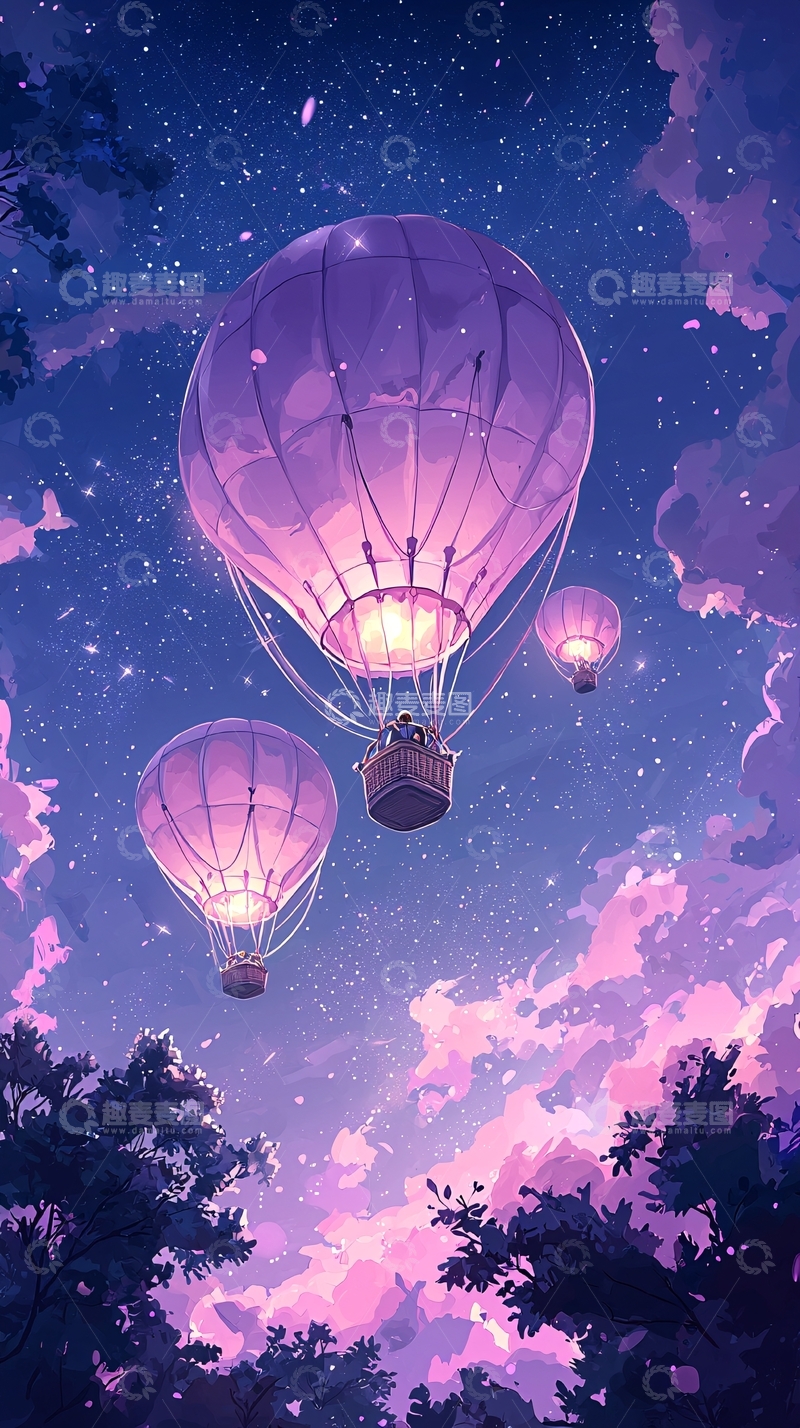 高清大图下载【趣麦麦图】梦幻夜空热气球飞行
