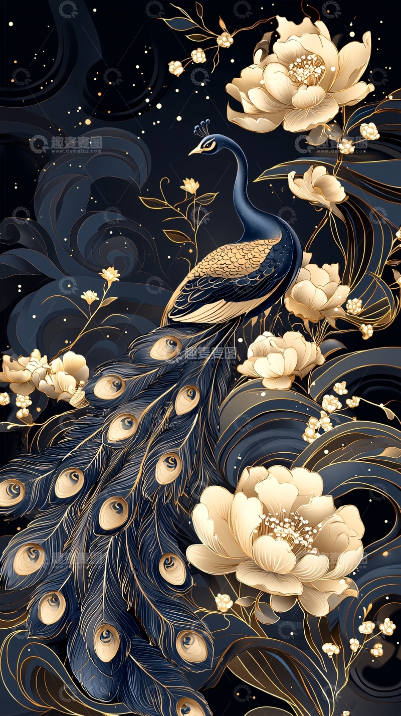 高清大图下载【趣麦麦图】夜色孔雀与金色花卉