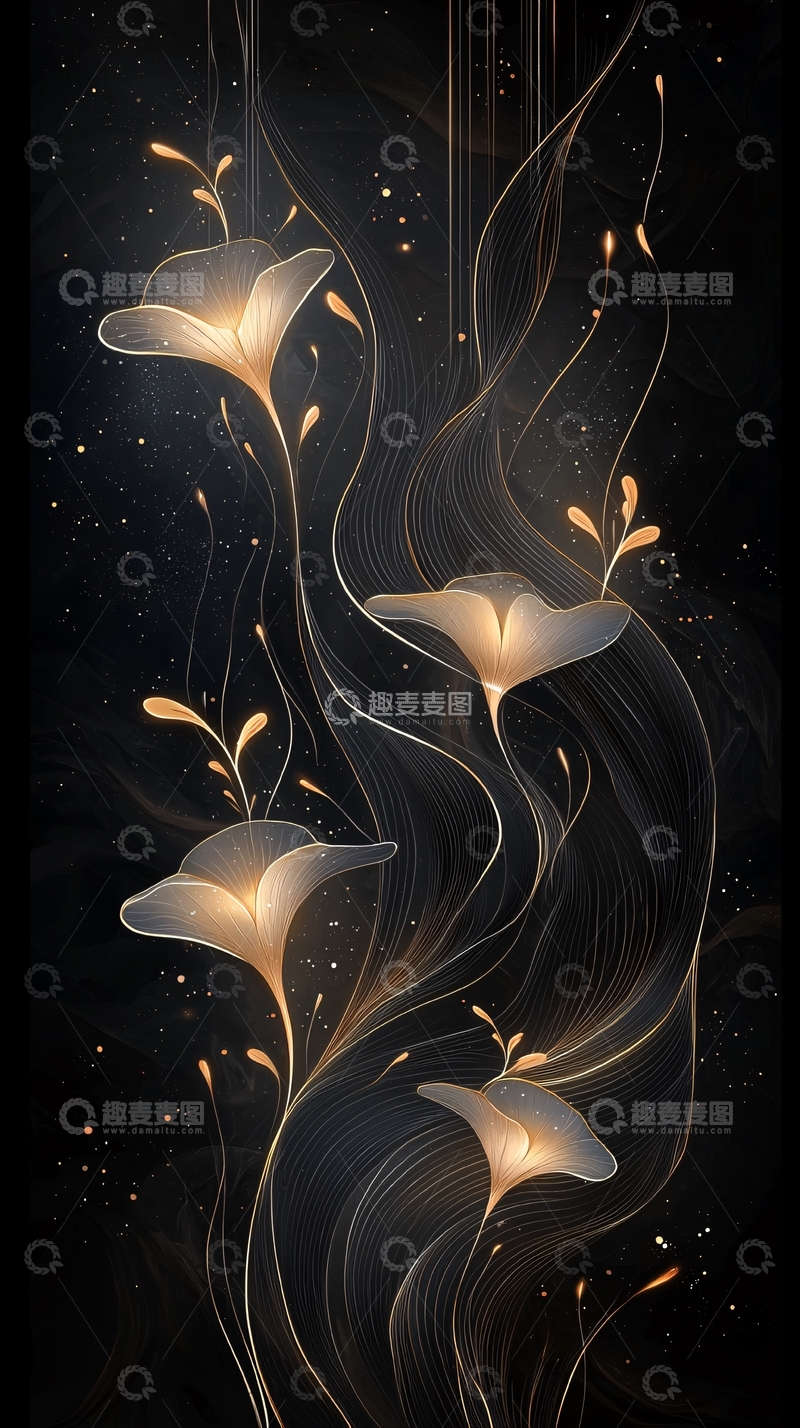 高清大图下载【趣麦麦图】金色花朵与线条艺术背景