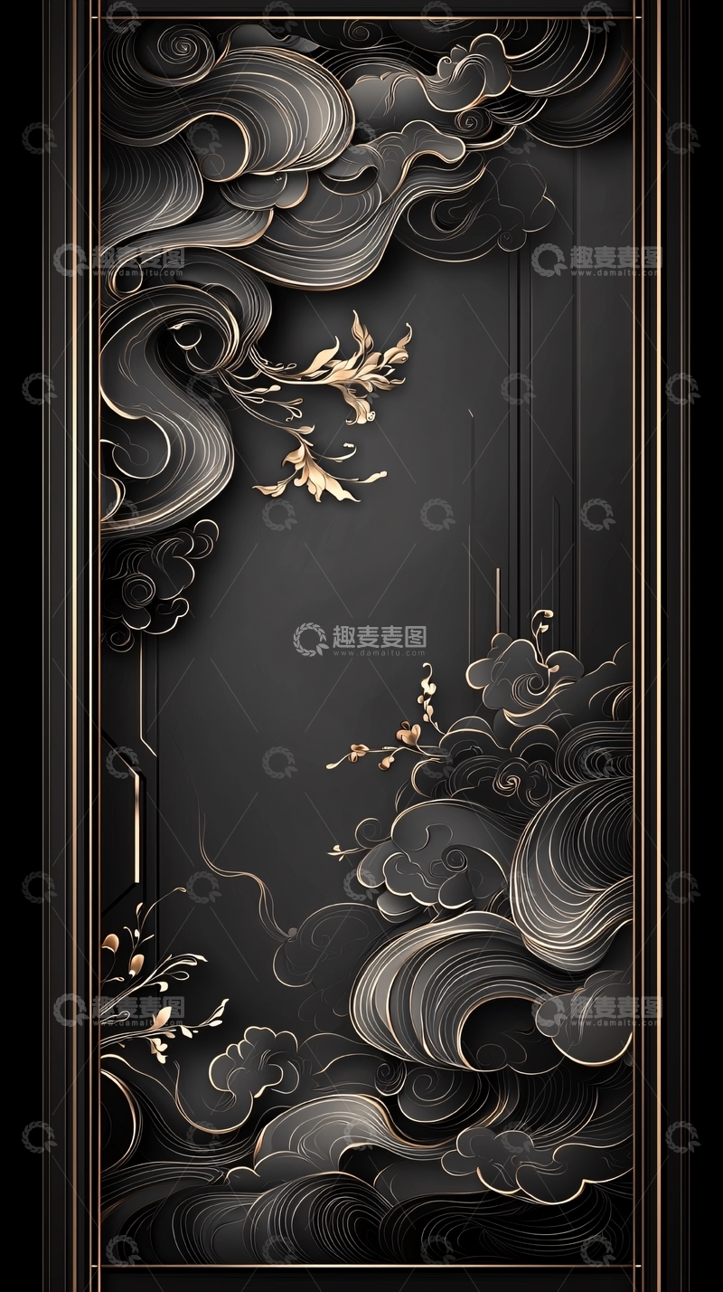 高清大图下载【趣麦麦图】黑色背景金色云纹装饰图案