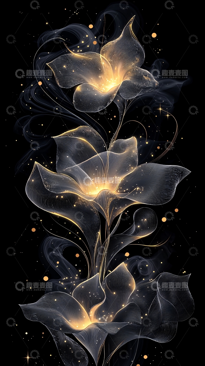 高清大图下载【趣麦麦图】梦幻夜光花朵插画素材