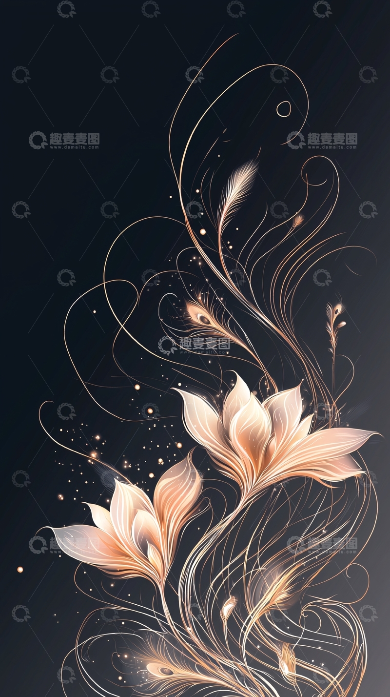 高清大图下载【趣麦麦图】梦幻羽毛与花朵的艺术插画