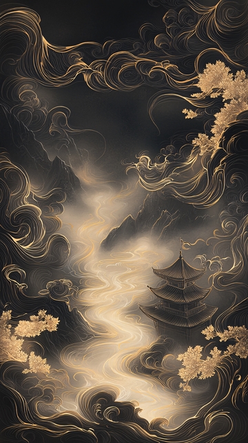 金色云雾中的古塔