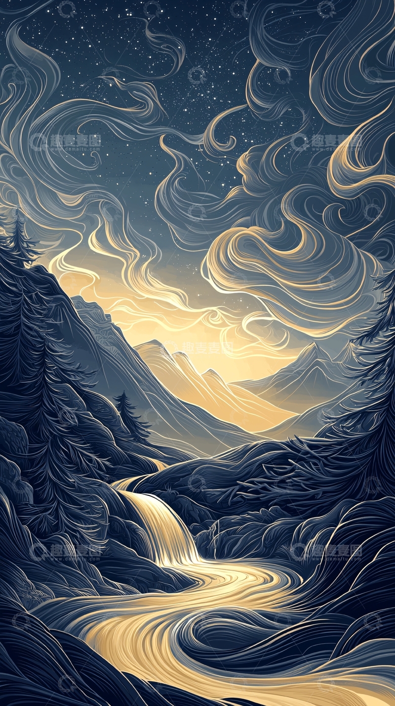 高清大图下载【趣麦麦图】夜空下的山河瀑布
