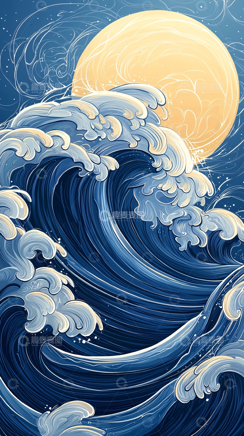 高清大图下载【趣麦麦图】月夜海浪艺术插画
