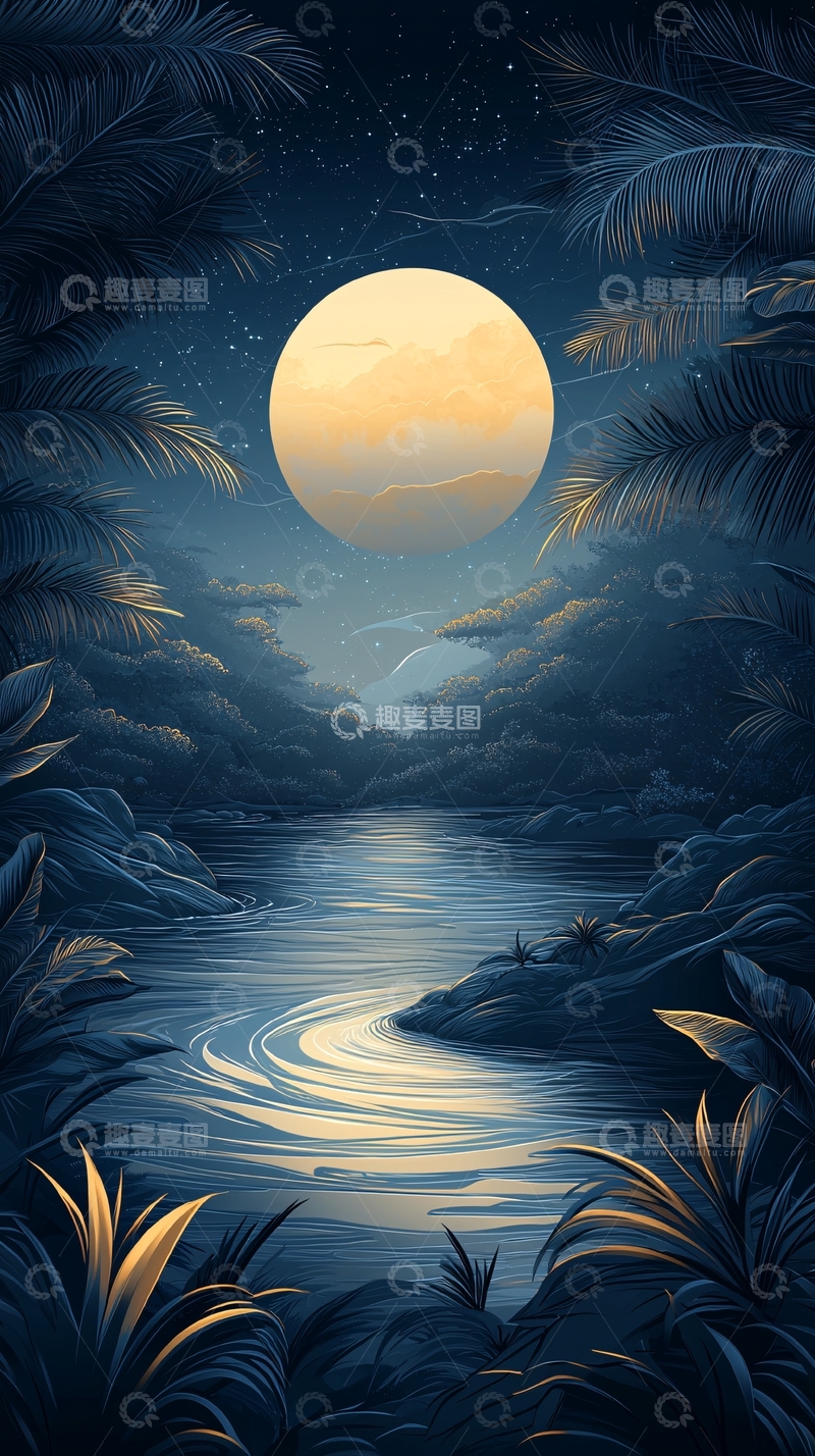 高清大图下载【趣麦麦图】夜色中的河流与满月