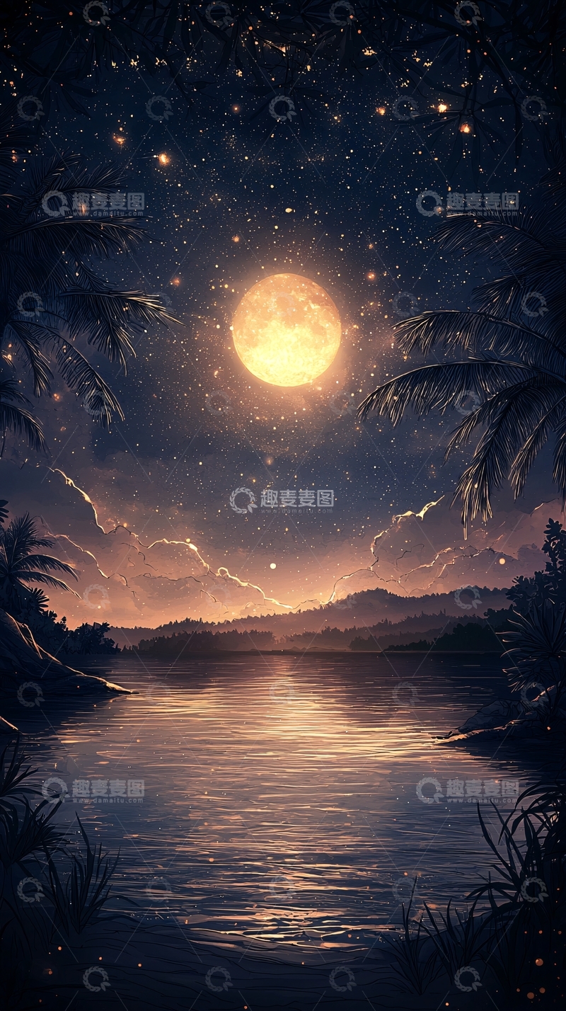 高清大图下载【趣麦麦图】月光下的热带湖景