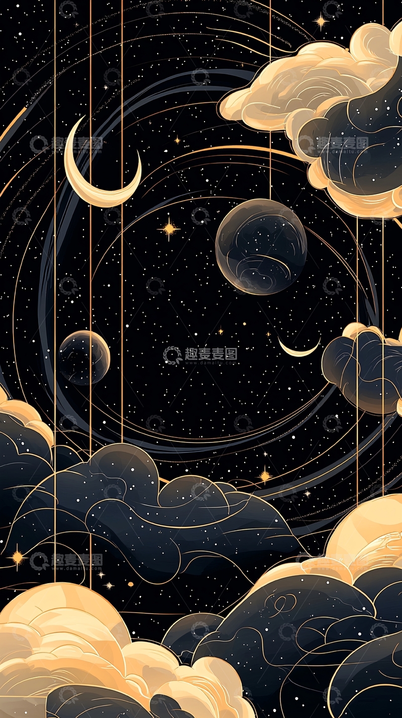高清大图下载【趣麦麦图】梦幻星空与云朵插画