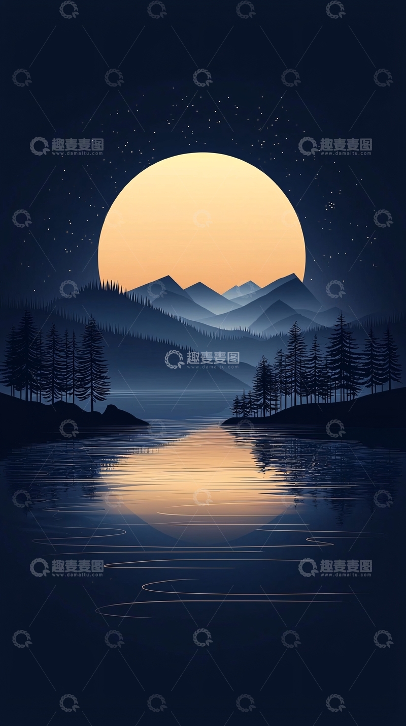 高清大图下载【趣麦麦图】夜色湖畔山月照