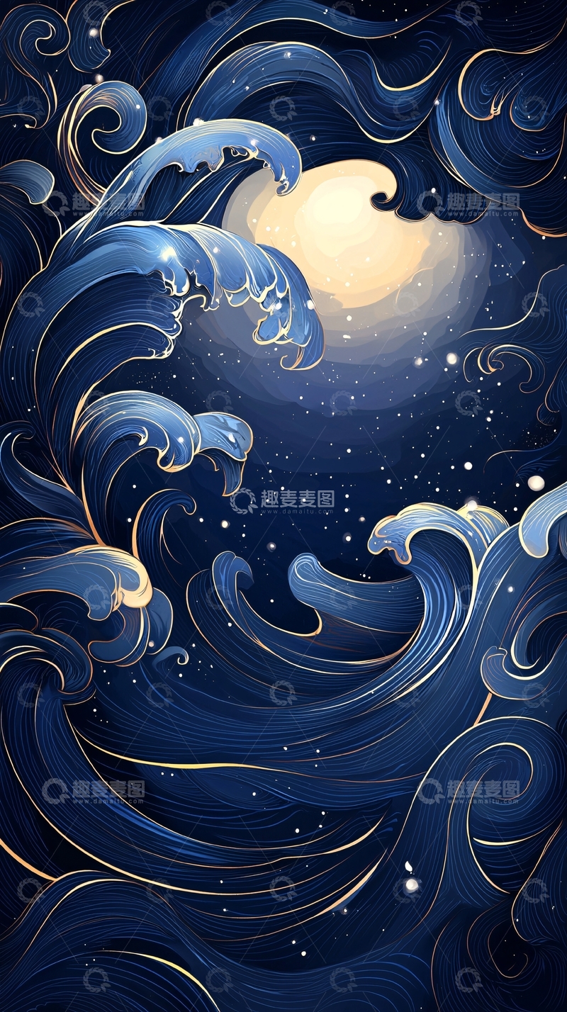 高清大图下载【趣麦麦图】夜海波涛星辰图