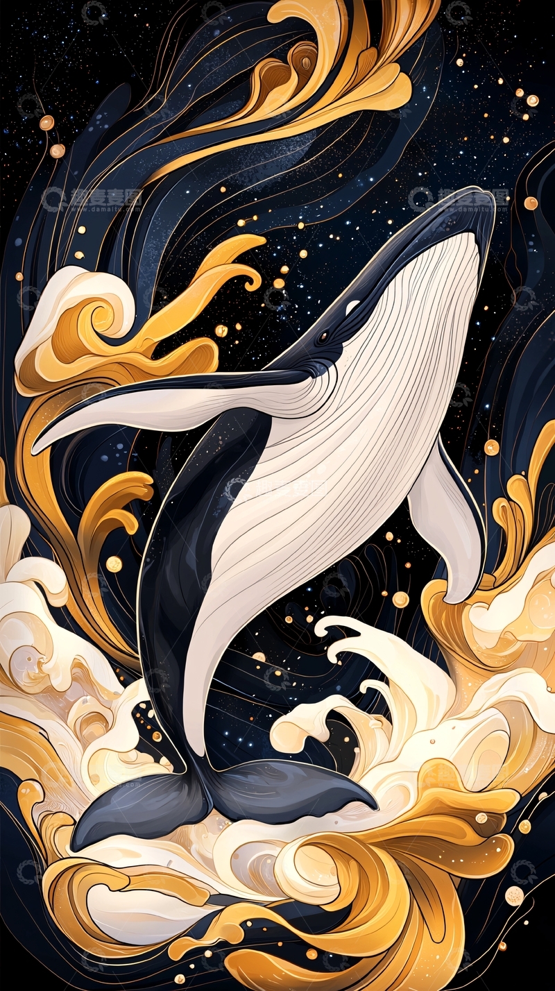 高清大图下载【趣麦麦图】梦幻鲸鱼与波浪的艺术插画