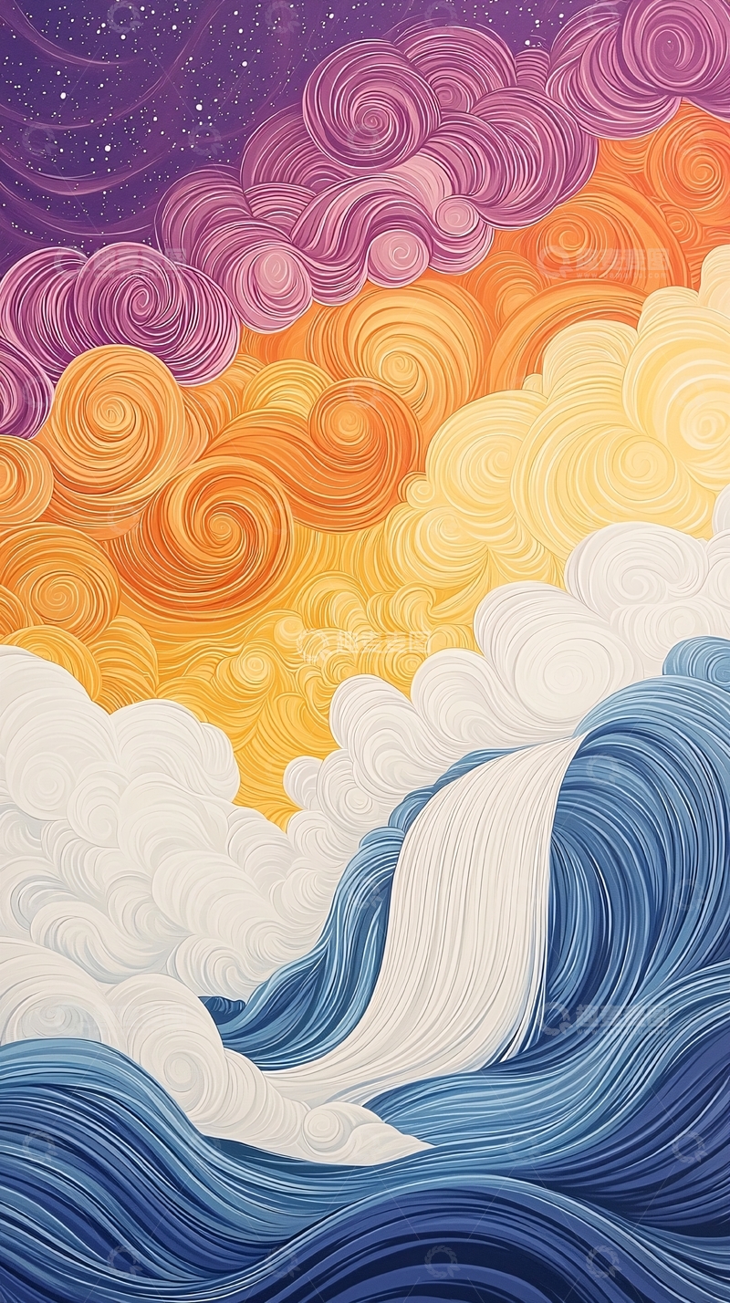 高清大图下载【趣麦麦图】梦幻云海与波浪的艺术插画