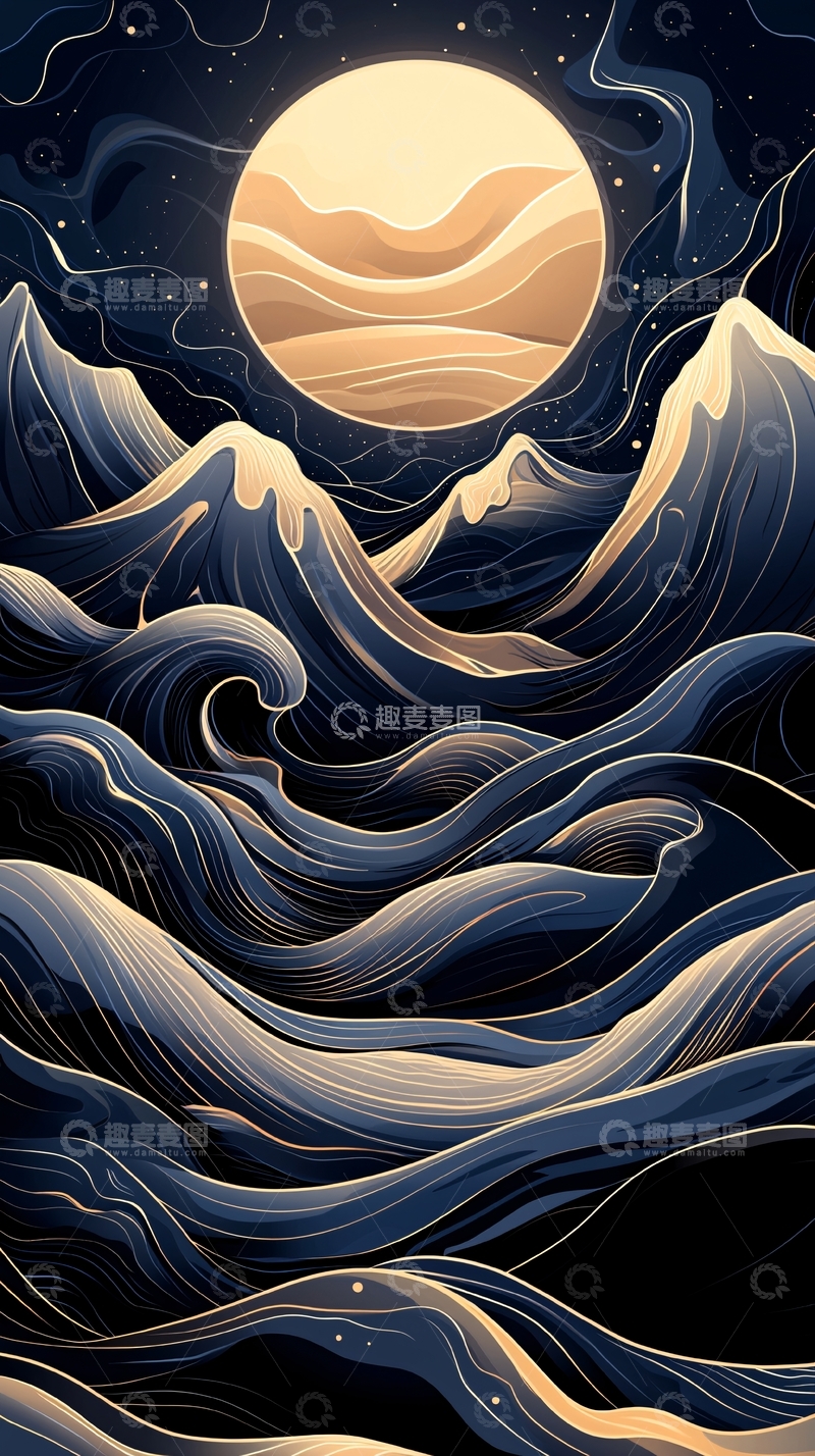 高清大图下载【趣麦麦图】月夜海浪幻想插画