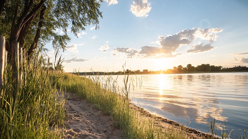 高清大图下载【趣麦麦图】夕阳下的湖边沙滩