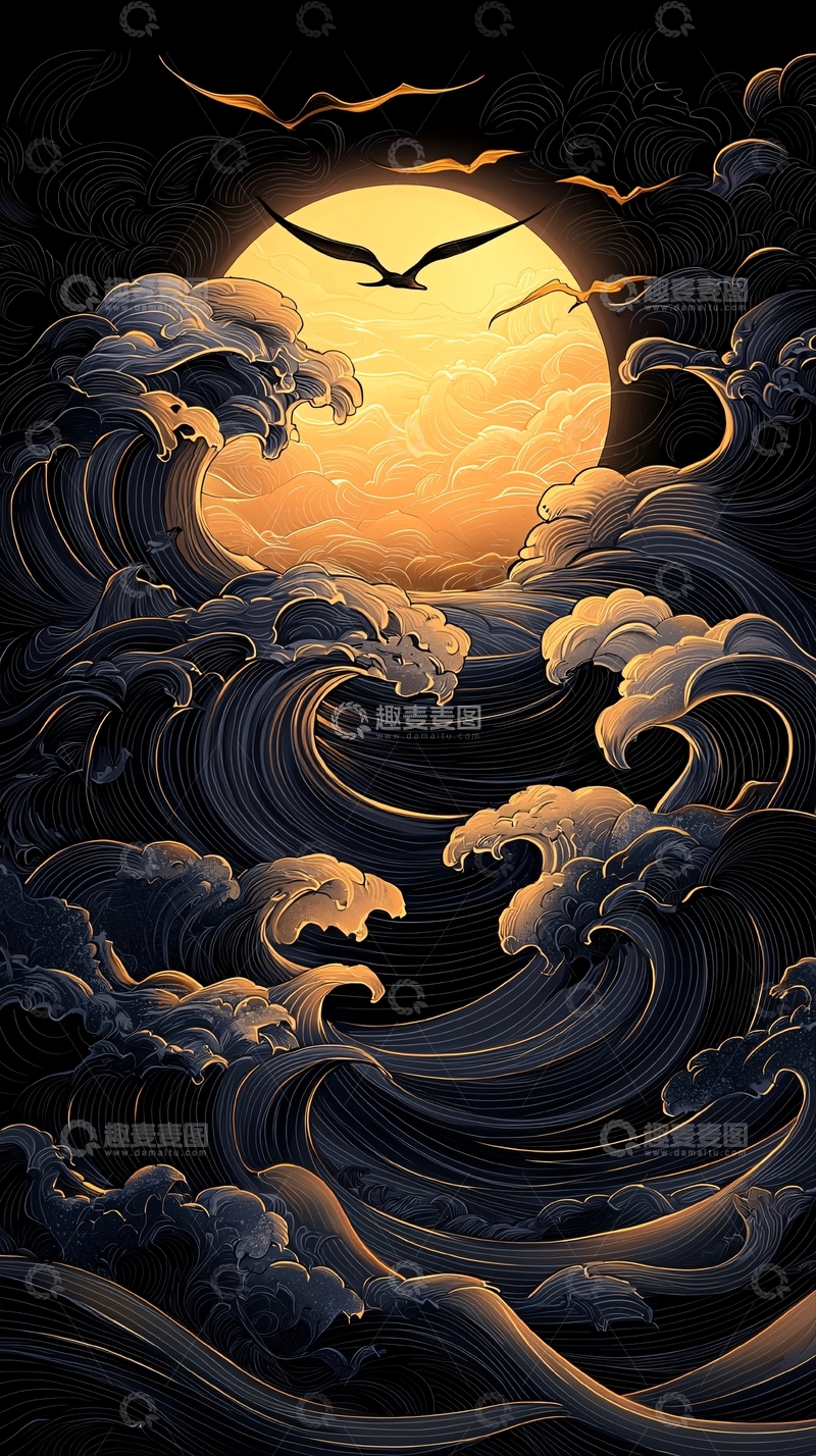 高清大图下载【趣麦麦图】夜空中的海浪与飞鸟