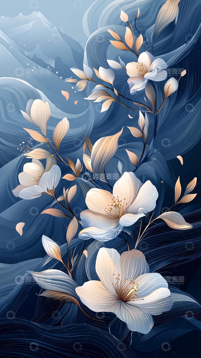 高清大图下载【趣麦麦图】蓝色背景下的白色花朵插画